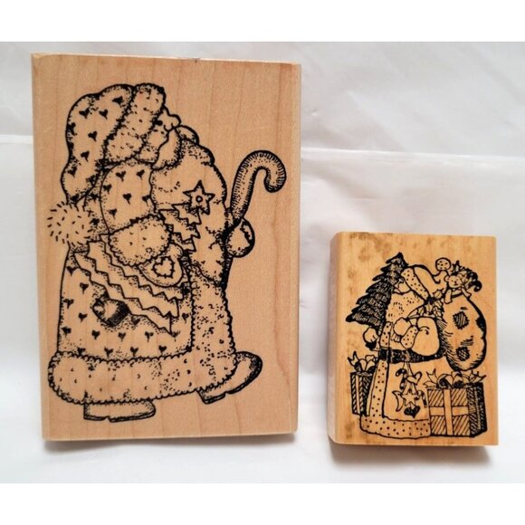 Lot of 4 Vintage Christmas Wooden Rubber Stamps Sleigh Stocking Santa Presents - Picture 5 of 6